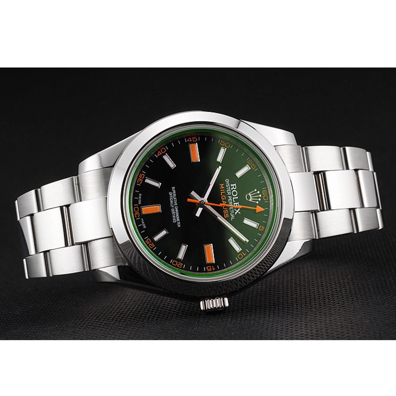 Rolex copies cheap Dial Markings Orange Milgauss Rolex Swiss Bracelet And Black Case Stainless Steel 0821